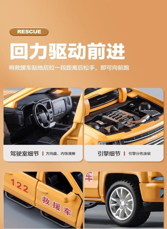 KING FORU Scale Exclusive Alloy Metal Pull Back Die-cast Car Model with Sound Light Mini Auto Toy for Kids Metal Model Toy Car with Sound and Light (1.28 Scale CHEV-ROLET Pickup Truck Trailer-Yellow) - Image 3